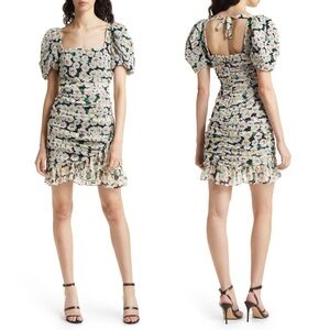 NEW Charles Henry Ruched Floral Mini Dress Puff Sleeve‎ Square Neck Size Small S